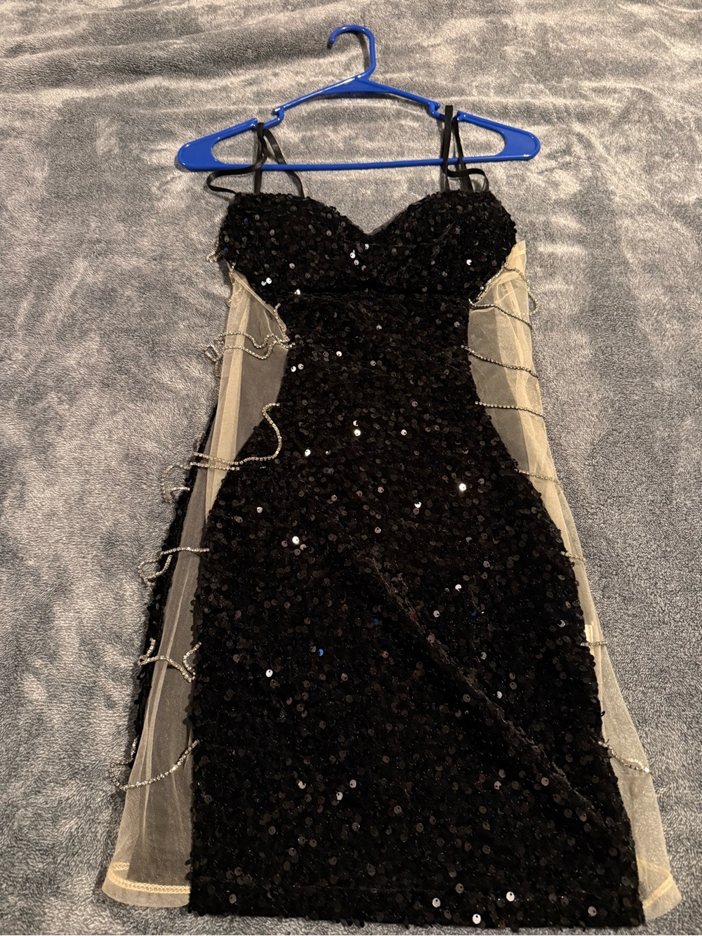 Fashion Nova Black Sequin Strapless Bodycon Dress with Beige Mesh Panels